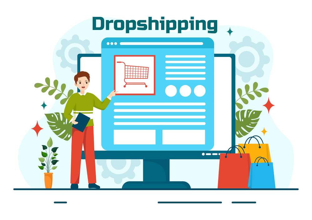 Dropshipping Business Vector Illustration with Businessman in front of E-commerce Website Store