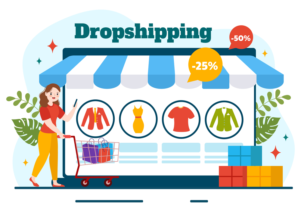 a woman is standing in front of the screen saying dropshipping, in colored cartoon style